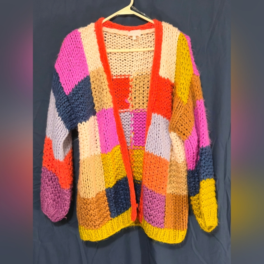 Anthropologie Entro Patchwork Knit Cardigan - Chunky Cozy Sweater - Size S - Picture 5 of 10